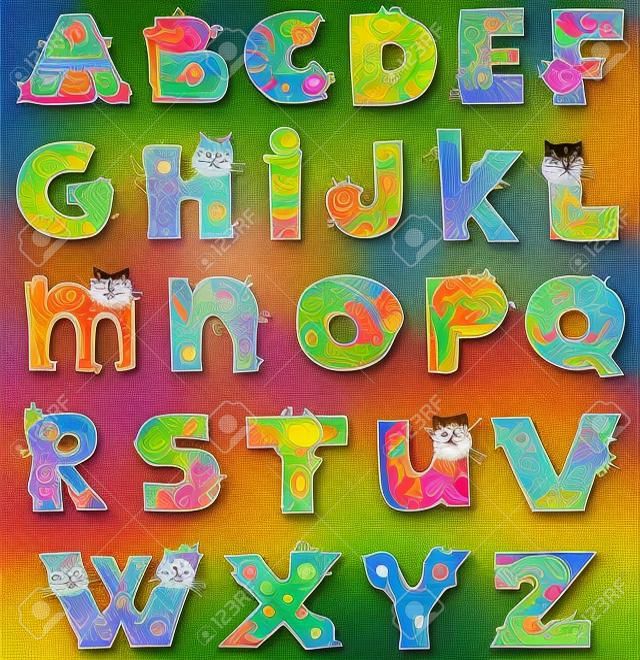 다채로운 재미 있은 고양이 알파벳
