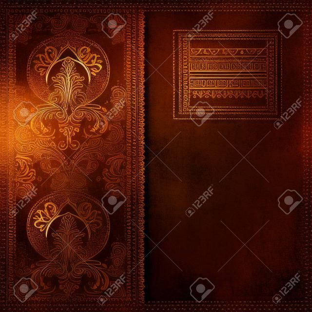 Vector ornate background with copy space, coffee brown ornament on old cardboard