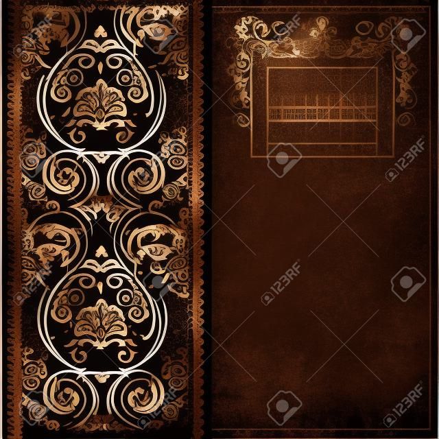 Vector ornate background with copy space, coffee brown ornament on old cardboard