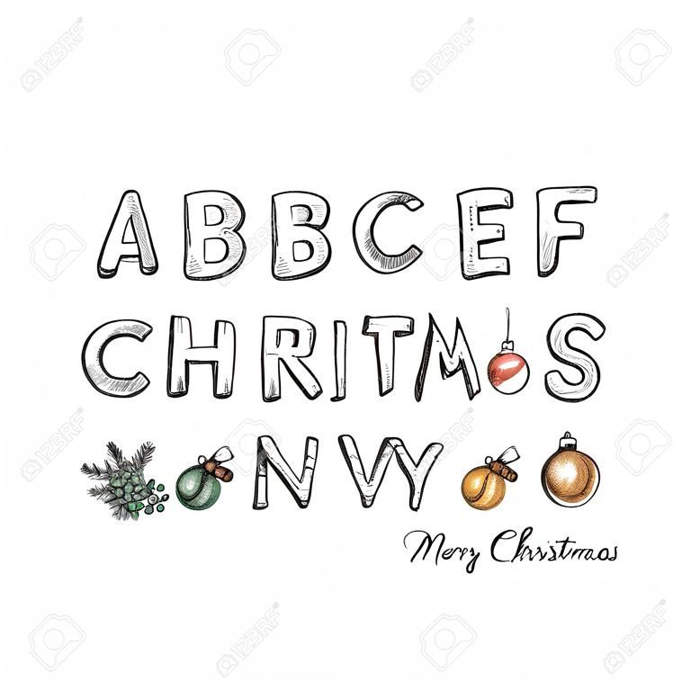 Volledige set van Kerstmis alfabet vector wintervakantie schetste brieven geïsoleerd op witte achtergrond met symbolen en ornamenten van Vrolijk Kerstfeest en Gelukkig Nieuwjaar