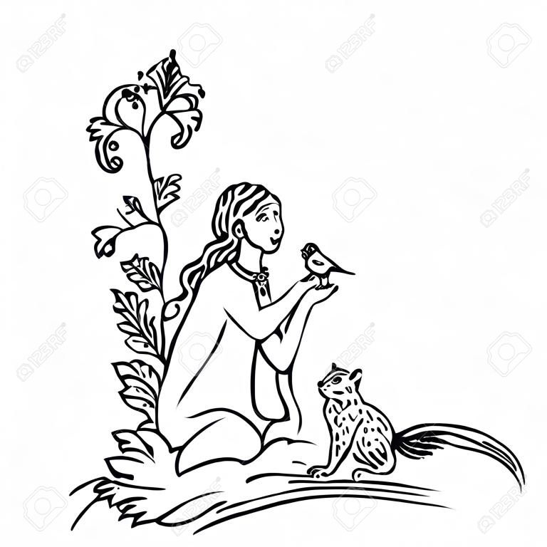 Arte medieval del amante de las mascotas, estilo de la edad media, viñeta floral con princesa y animales amistosos: gato, ardilla y pájaro, manuscrito iluminado, dibujo a tinta, concepto de protección animal, historia, vector