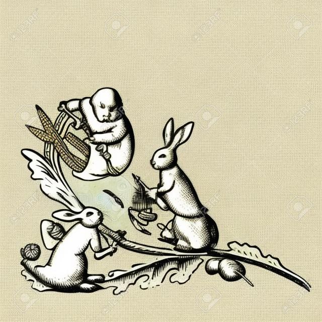 Lapins d'art médiéval chevauchant des escargots avec une attaque d'arme homme humain vignette florale manuscrite illuminée dessin à l'encre histoire européenne moyen-âge illustration vectorielle isolée sur blanc