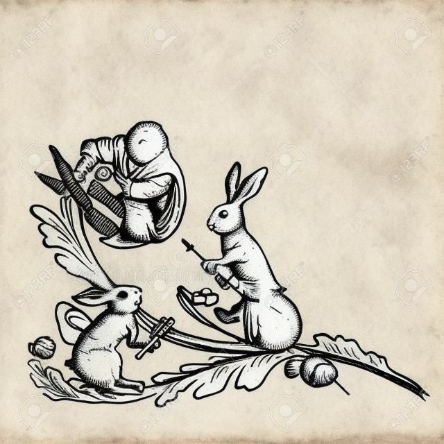 Arte medieval coelhos montando caracóis com arma ataque homem humano floral vinheta iluminado manuscrito tinta desenho história europeu idade média ilustração vetorial isolado no branco