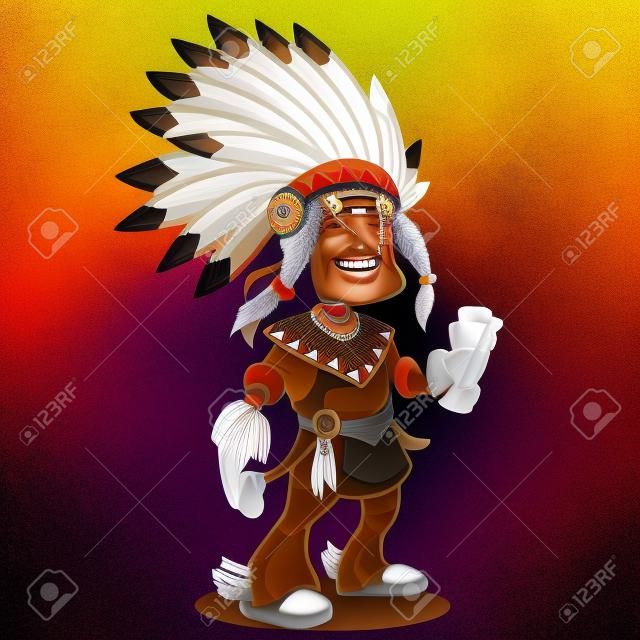 A happy cartoon Native American standing and smiling