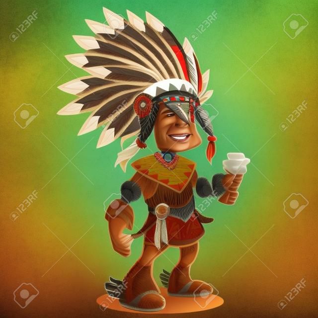A happy cartoon Native American standing and smiling