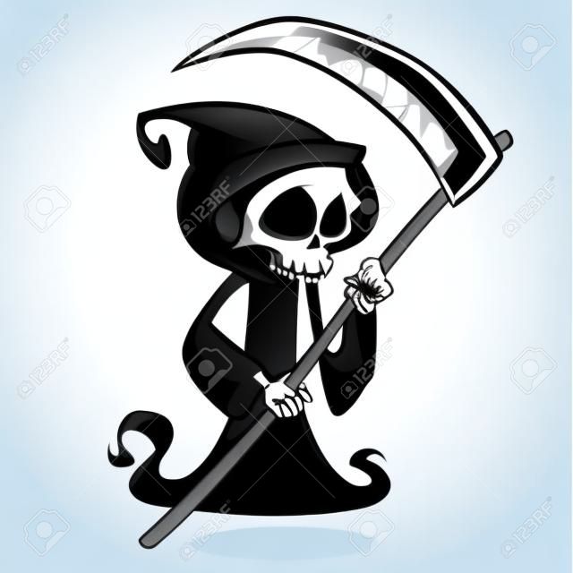 Cute cartoon grim reaper with scythe isolated on white. Vector illustration