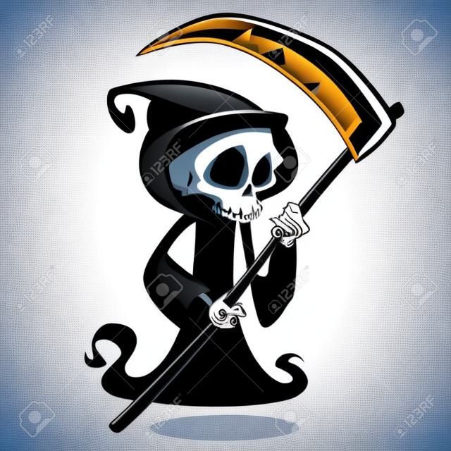 Cute cartoon grim reaper with scythe isolated on white. Vector illustration