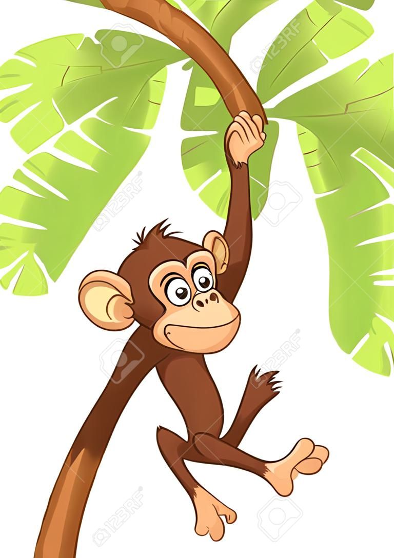 Szympans z kreskówki małpy zwisa z drzewa