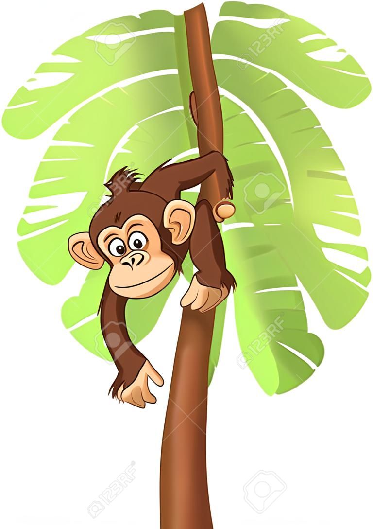 Szympans z kreskówki małpy zwisa z drzewa