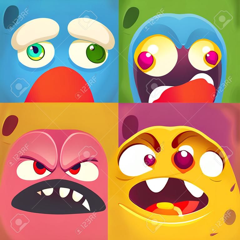 Cartoon monster faces set. Vector collection of four Halloween monster avatars with different face expressions