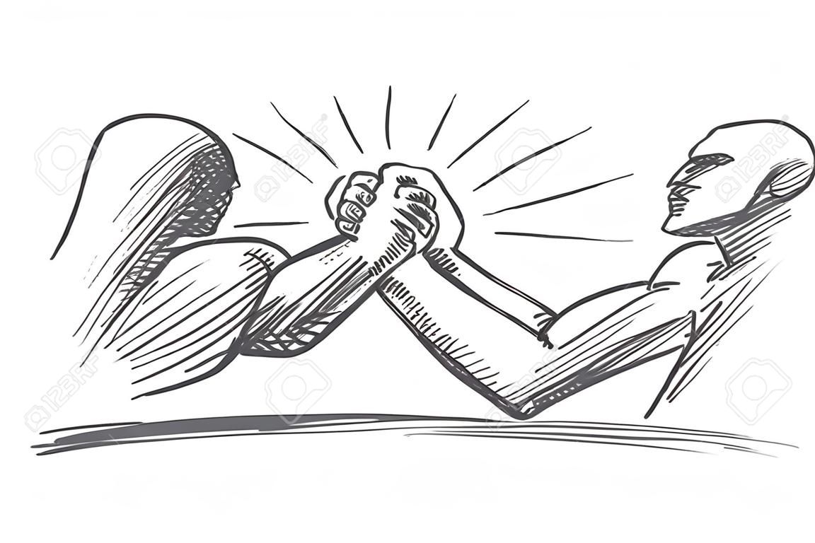 Vector Hand Power-Konzept Skizze gezeichnet. Armdrücken zwischen starken muskulösen Mann und dünn und schwach Mann