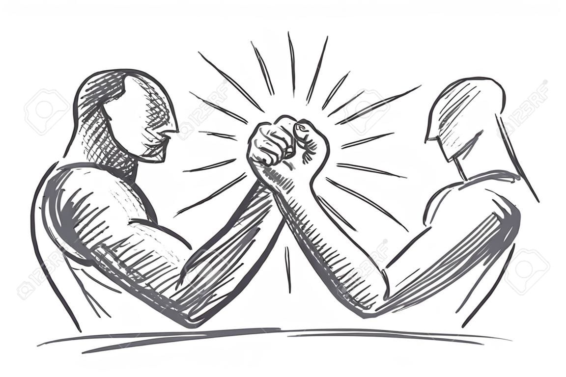 Vector Hand Power-Konzept Skizze gezeichnet. Armdrücken zwischen starken muskulösen Mann und dünn und schwach Mann