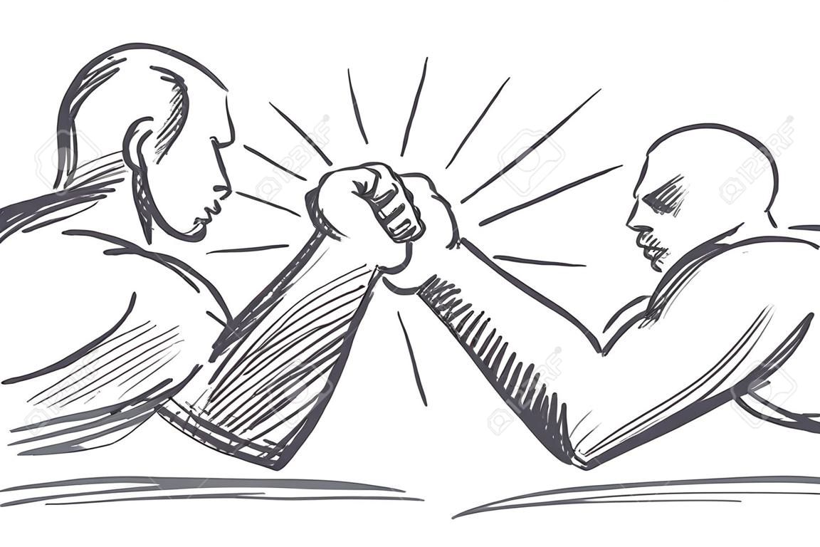 Vector hand drawn power concept sketch. Arm wrestling between strong muscular man and thin and weak man