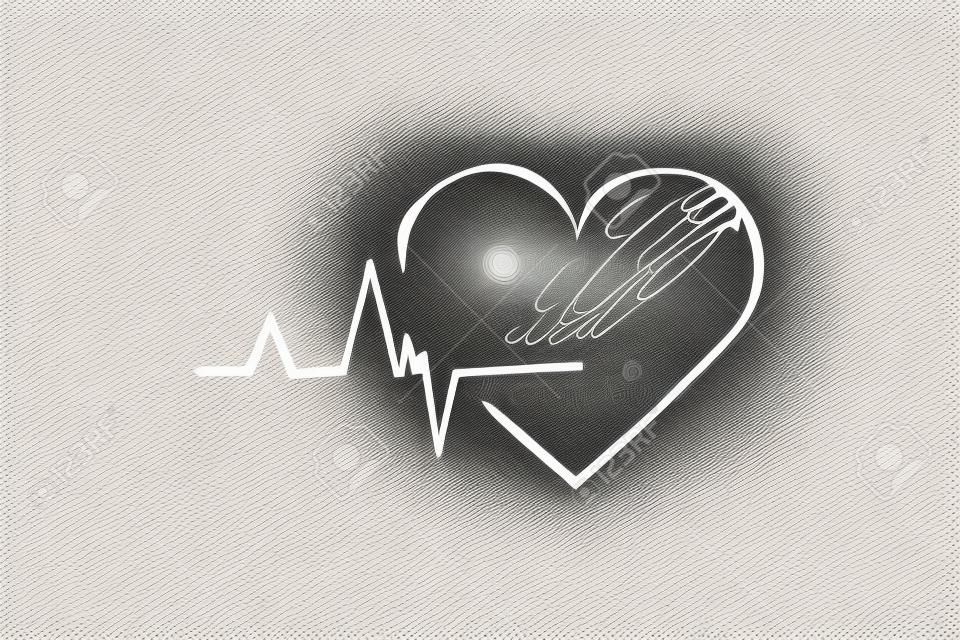 Saúde, coração, cuidado, batimento cardíaco, cardiograma conceito. Mão desenhada coração como símbolo de esboço conceito de cuidados de saúde. Ilustração vetorial isolada.