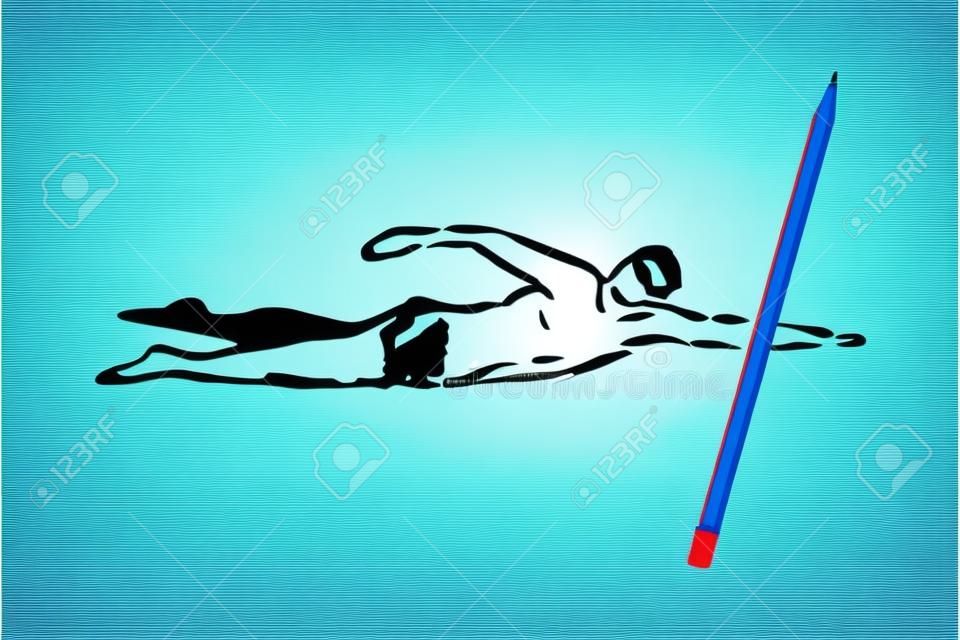 Nuoto strisciare, sport, piscina, acqua, concetto attivo. Uomo disegnato a mano che nuota strisciare nello schizzo del concetto di piscina. Illustrazione vettoriale isolato.