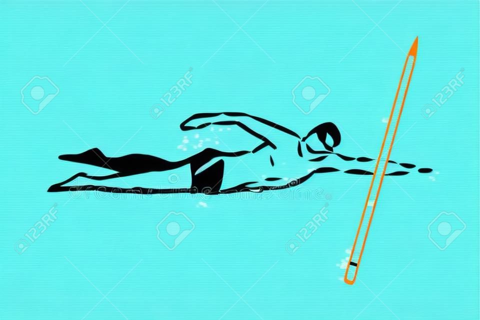 Arrastre de natación, deporte, piscina, agua, concepto activo. Dibujado a mano hombre nadar en el bosquejo del concepto de piscina. Ilustración de vector aislado.