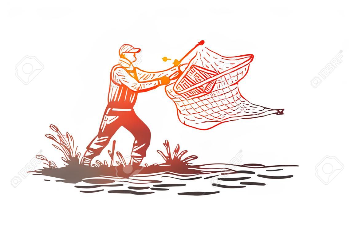 Man, fishing, net, river, nature concept. Hand drawn fisherman throws nets concept sketch. Isolated vector illustration.