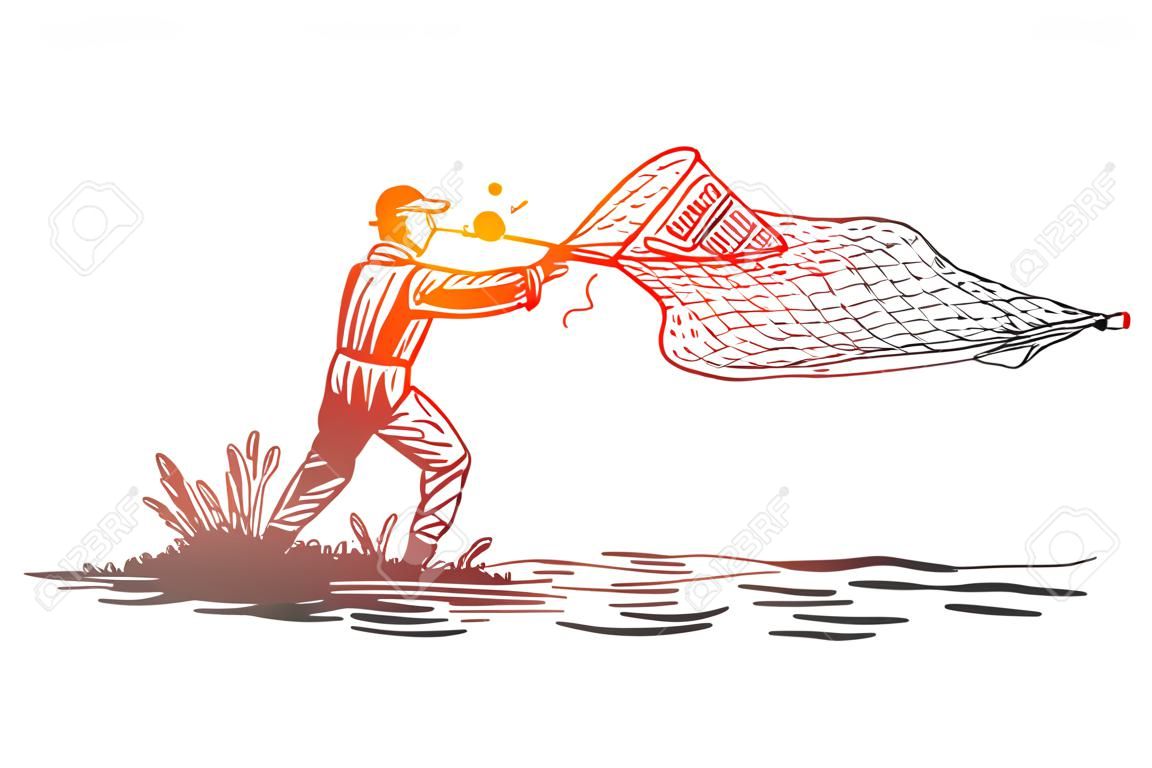 Man, fishing, net, river, nature concept. Hand drawn fisherman throws nets concept sketch. Isolated vector illustration.
