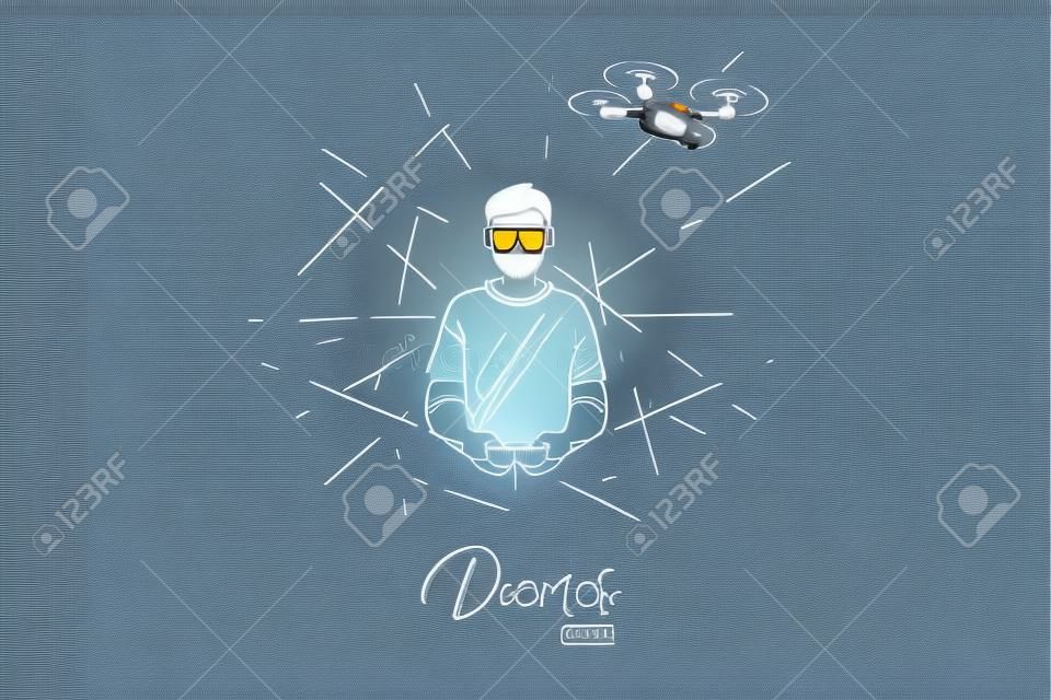 Remote, control, drone, fly, man concept. Hand drawn man in glasses using remote control for drone concept sketch. Isolated vector illustration.