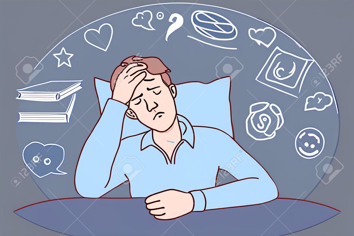 Unhappy man suffer from insomnia overthinking