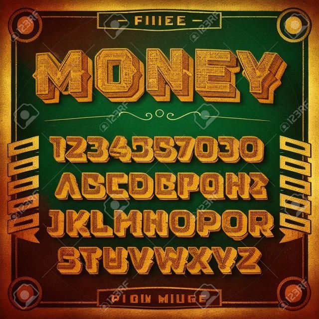 Урожай Деньги шрифт с тенью. Ретро 3D алфавит с декоративными элементами