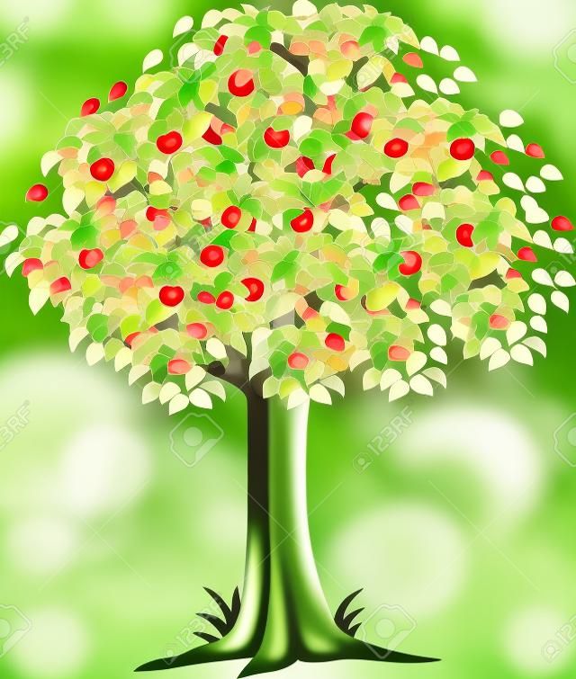 緑のリンゴの木の分離された赤いりんごがいっぱい