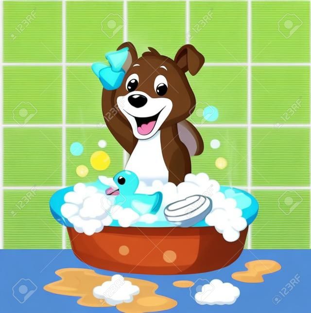 Cute cartoon dog having bath
