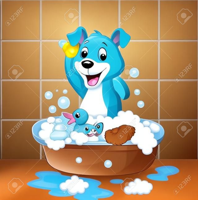 Cute cartoon dog having bath