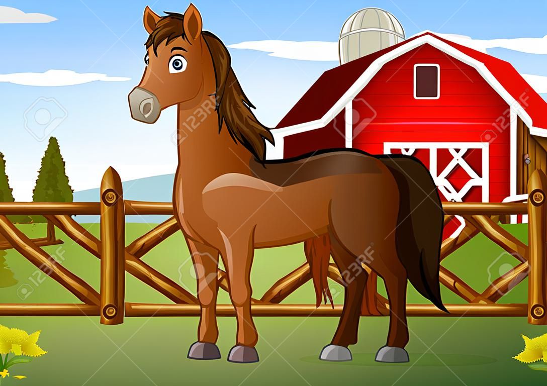 Vector illustration of Cartoon brown horse in the farm