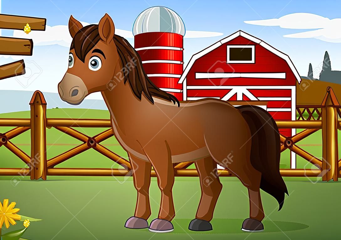 Vector illustration of Cartoon brown horse in the farm