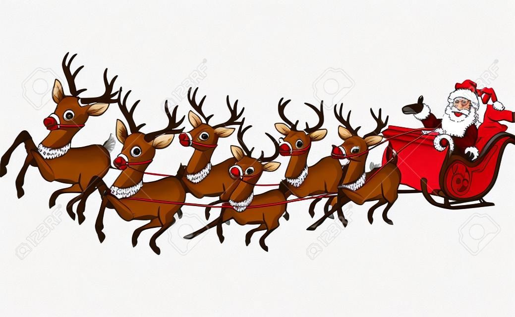 illustrazione di Santa Claus cavalca renne slitta a Natale