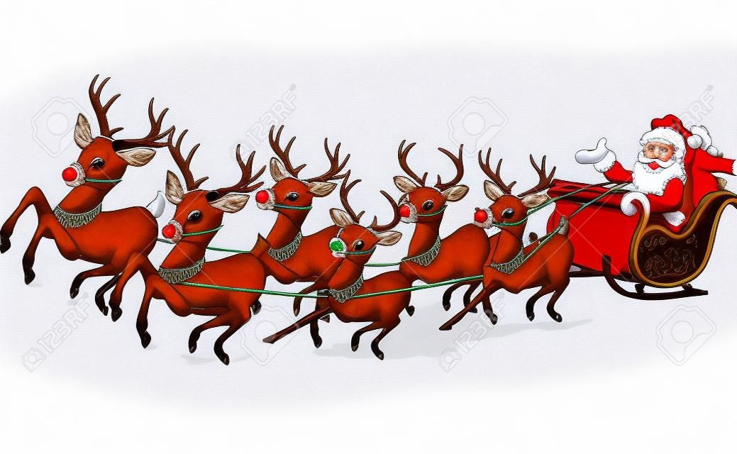 illustration of Santa Claus rides reindeer sleigh on Christmas