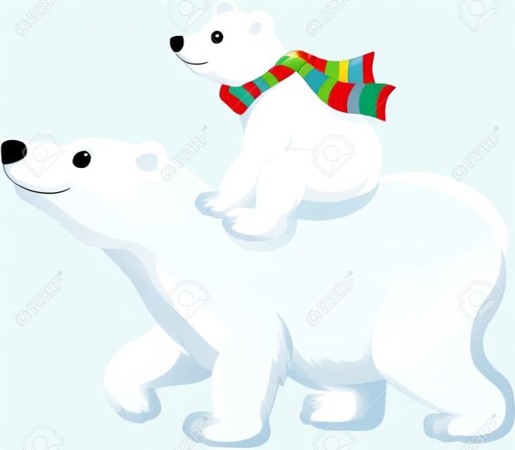 Ilustración de oso polar bebé de la historieta que monta en la parte posterior de su madre