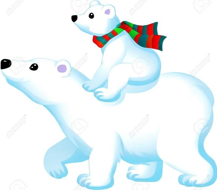 illustratie van Cartoon baby ijsbeer rijden op de rug van haar moeder