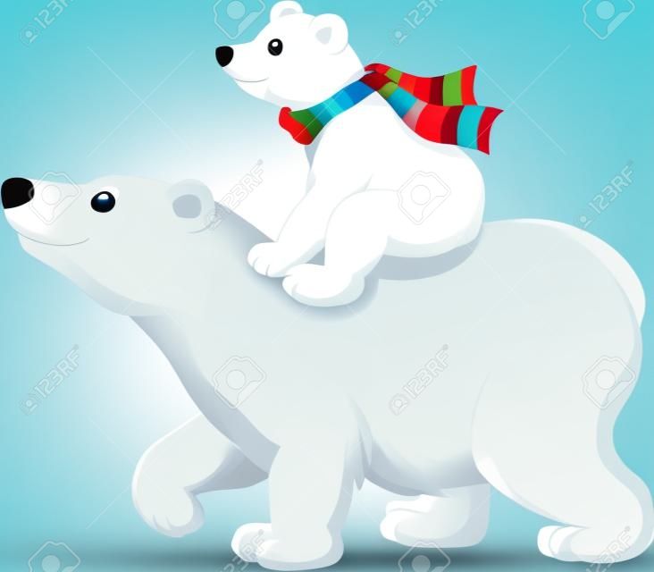 Ilustración de oso polar bebé de la historieta que monta en la parte posterior de su madre