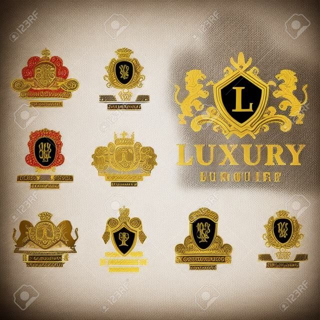 Luksusowy butik Royal Crest wysokiej jakości produkt vintage heraldyka logo kolekcja marki tożsamości wektor ilustracja. Linia dekoracyjna wianków.