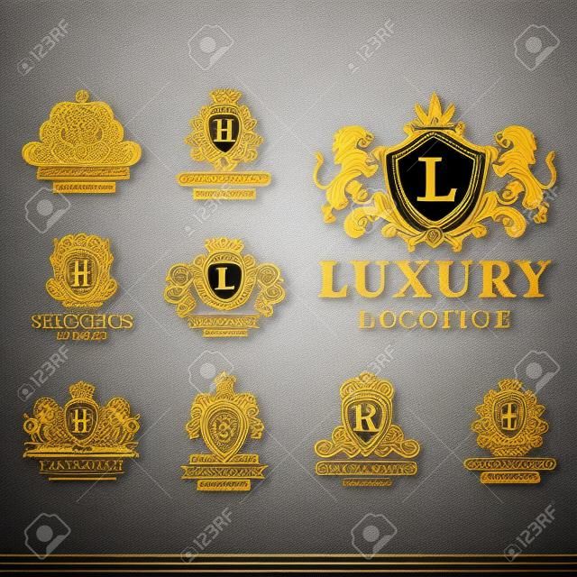 Luksusowy butik Royal Crest wysokiej jakości produkt vintage heraldyka logo kolekcja marki tożsamości wektor ilustracja. Linia dekoracyjna wianków.