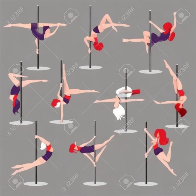 Pole dance girl vector set. Woman pole dancer on white background.