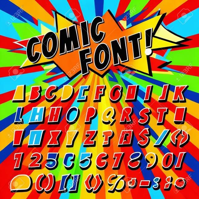 Comic lettertype vector cartoon alfabet letters in pop art stijl en alfabetische tekst pictogrammen voor typografie illustratie alfabetisch typent van abc en nummers op popart achtergrond
