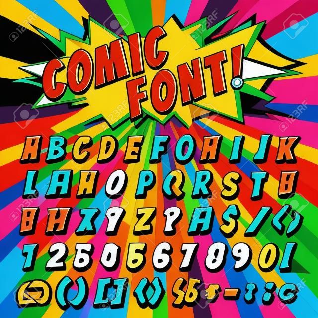 波普艺术风格的漫画字体矢量卡通字母和版式插图的字母文本图标按字母顺序排版的abc和数字在popart背景上