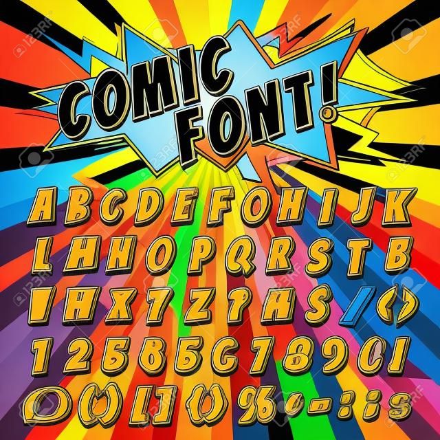 Comic font vector cartoon alphabet letters in pop art style and alphabetic text icons for typography illustration alphabetically typeset of abc and numbers on popart background