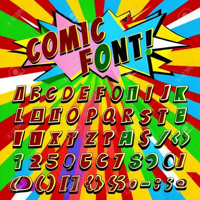 Comic lettertype vector cartoon alfabet letters in pop art stijl en alfabetische tekst pictogrammen voor typografie illustratie alfabetisch typent van abc en nummers op popart achtergrond