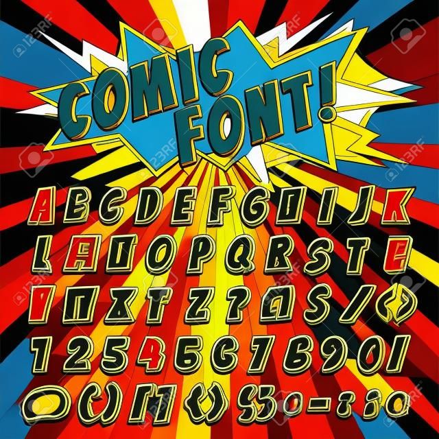 Comic font vector cartoon alphabet letters in pop art style and alphabetic text icons for typography illustration alphabetically typeset of abc and numbers on popart background