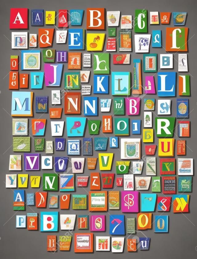 Alphabet collage ABC vector alphabetical font letter cutout of newspaper magazine and colorful alphabetic handmade cutting text newsprint illustration alphabetically typeset isolated on background.