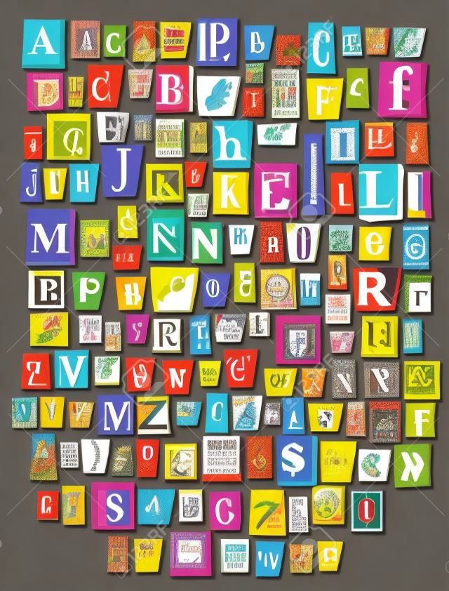 Alfabeto collage ABC vector letra de fuente alfabética recorte de revista de periódico y colorida ilustración de papel de periódico de texto de corte hecho a mano alfabético compuestas alfabéticamente aislado sobre fondo.