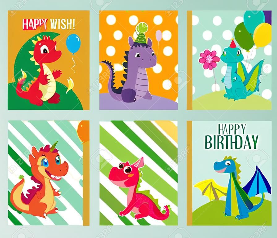 Baby draken set van verjaardag of uitnodiging kaarten of banners vector illustratie. Cartoon grappige kleine zittende draken met vleugels. Fairy dinosaurussen met taart, balon, bloem. Maak wens, laat s feest.