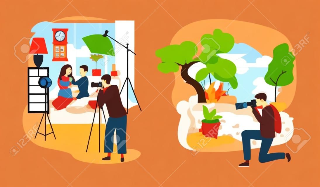 Studio or outdoor photographer people vector illustration. Cartoon flat woman character with camera make couple photo in studio interior, man take animal picture in summer forest set isolated on white