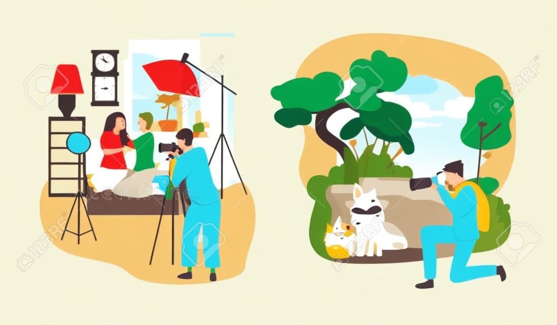 Studio or outdoor photographer people vector illustration. Cartoon flat woman character with camera make couple photo in studio interior, man take animal picture in summer forest set isolated on white