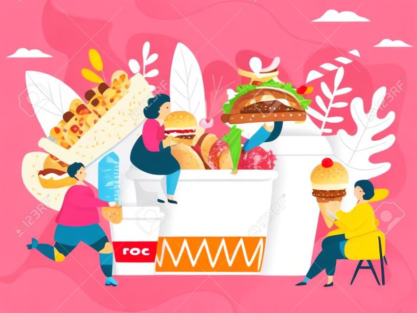Fast food addiction vector illustration. Food addictive disorder concept. Overweight people eating unhealthy junk food. Female cartoon characters with obesity eat burger, ice cream, taco, hot dog.
