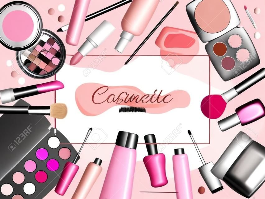 Cosmetics in bag, bagful makeup masters pink color with set plaster shadows, creams and lipsticks, design flat vector illustration. handbag with beauty salon for elegant care for face, eye, lips.